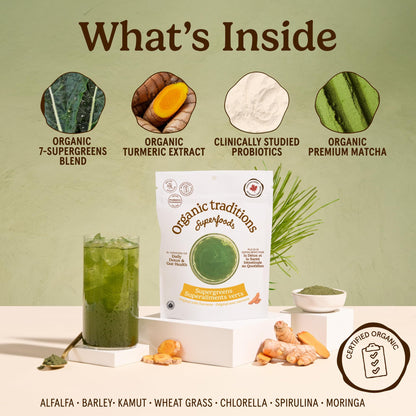 Organic Traditions Super Greens Powder with Turmeric, Organic Greens Superfood Blend with Vitamins Minerals and Probiotics, Plant Based Green Juice Mix for Smoothies and Drinks, 100g / 3.5oz Bag - PrimeBioHealth - canada supplements