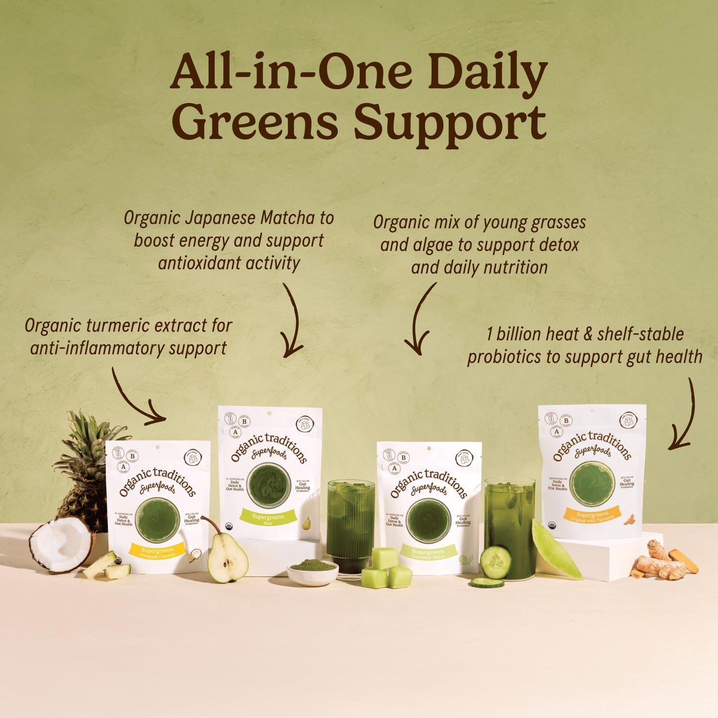 Organic Traditions Super Greens Powder with Turmeric, Organic Greens Superfood Blend with Vitamins Minerals and Probiotics, Plant Based Green Juice Mix for Smoothies and Drinks, 100g / 3.5oz Bag - PrimeBioHealth - canada supplements
