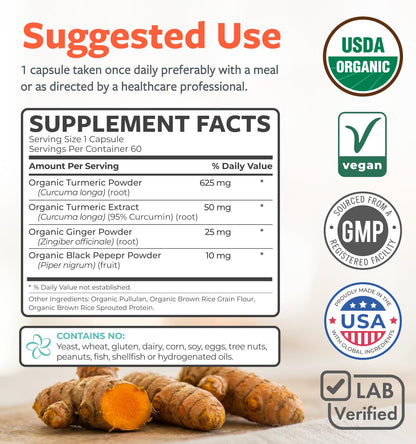Organic Turmeric Ginger Black Pepper Supplement - High Potency Organic Turmeric Curcumin Capsules with Ginger & Black Pepper for Enhanced Benefits and Absorption - Vegan & Non-GMO (2 Month Supply) - PrimeBioHealth - canada supplements