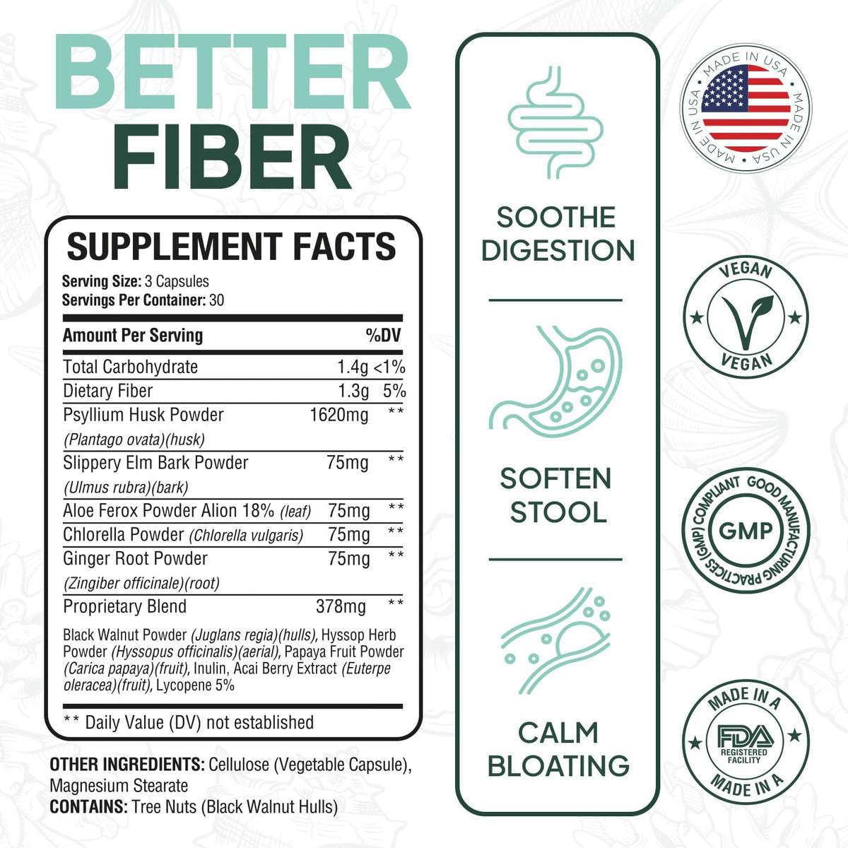 Organics Ocean Better Fiber - Daily Fiber Supplement - Soften Stool for Effortless Bowel Movements - with Psyllium Hulk and Slippery Elm - 90 Capsules - PrimeBioHealth - canada supplements
