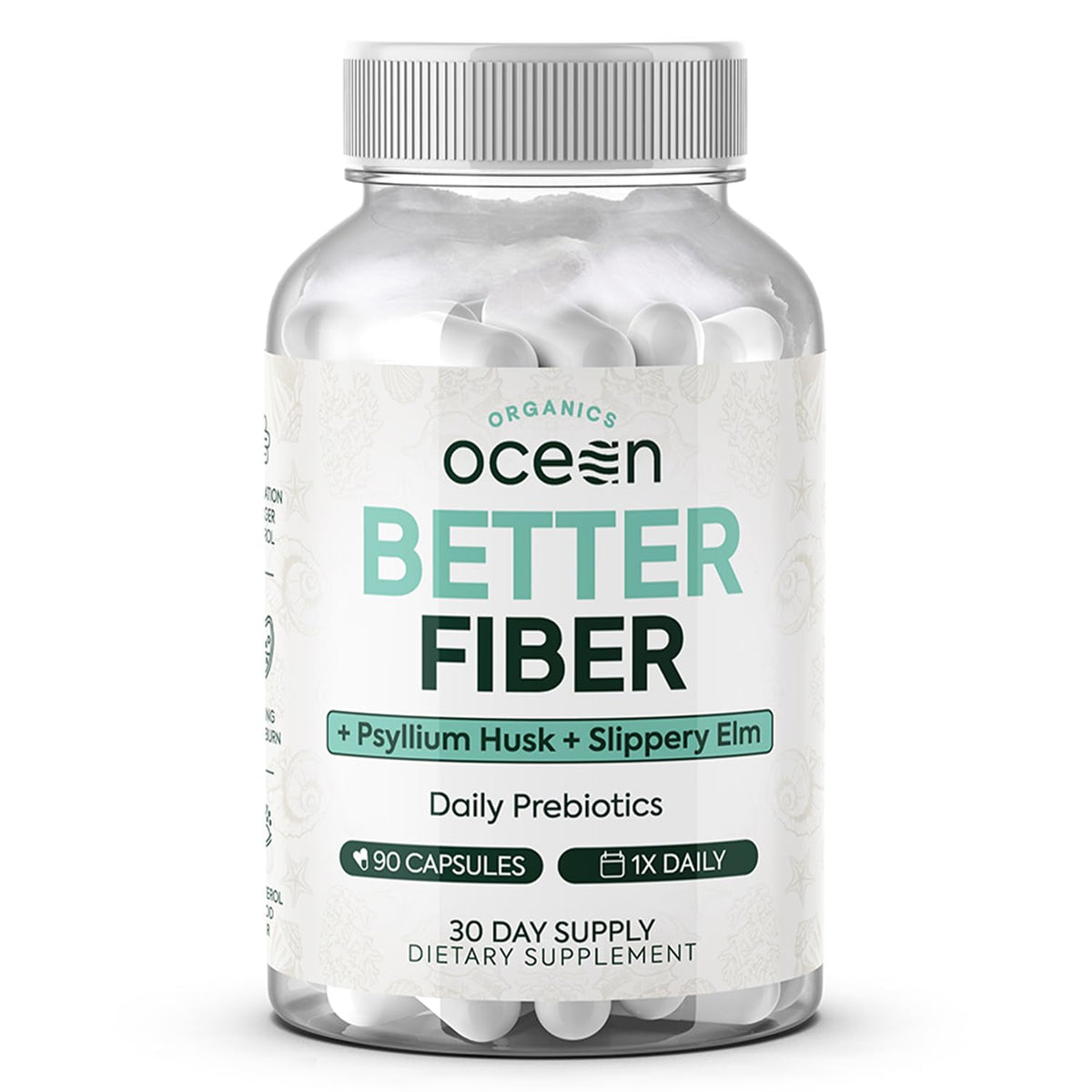 Organics Ocean Better Fiber - Daily Fiber Supplement - Soften Stool for Effortless Bowel Movements - with Psyllium Hulk and Slippery Elm - 90 Capsules - PrimeBioHealth - canada supplements
