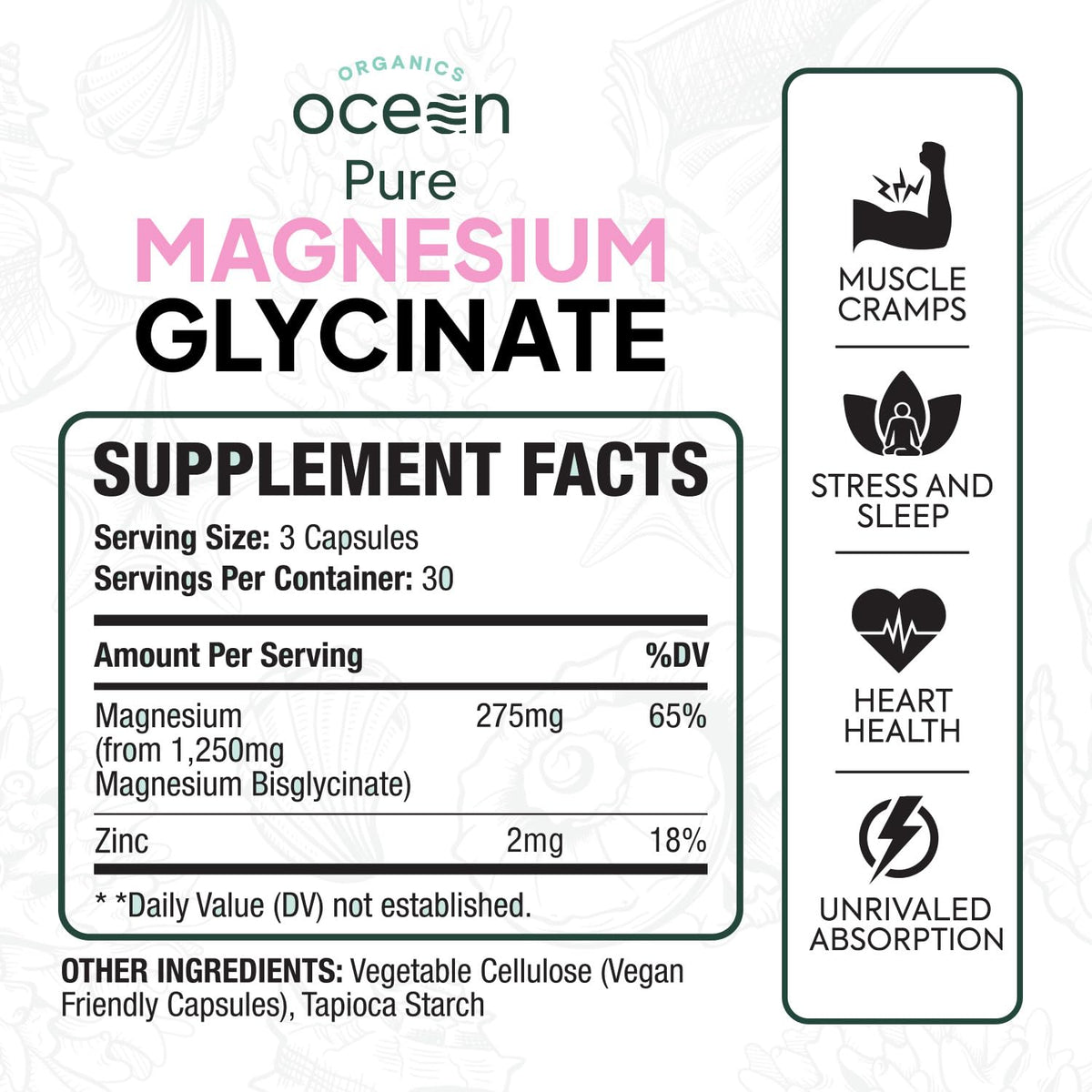 Organics Ocean Pure Magnesium Glycinate with Zinc - Maximum Strength Chelated Magnesium Supplement for Women and Men - PrimeBioHealth - canada supplements