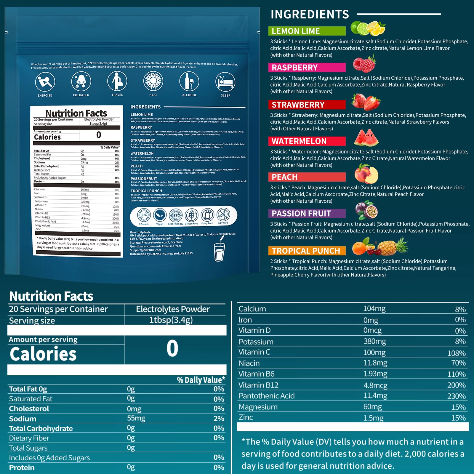 OZENKE Electrolytes Powder Packets, Hydration Packets, Electrolytes Powder No Sugar, Portable Electrolyte Drink Mix for Rapid Hydration, Sugar Free & Low Sodium - PrimeBioHealth - canada supplements