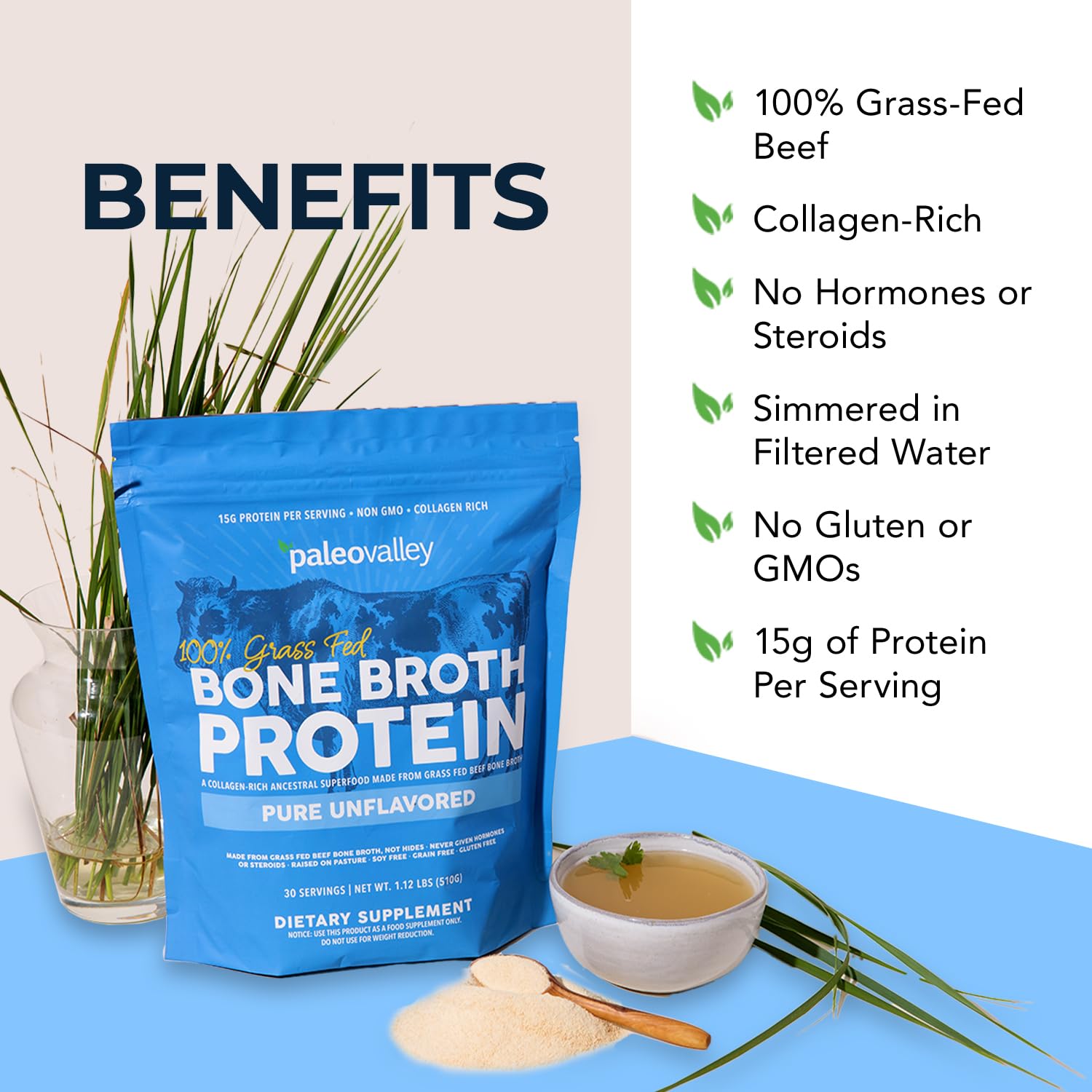Paleovalley 100% Grass Fed Beef Bone Broth Protein Powder - Rich in Collagen Peptides for Hair, Skin, Gut Health, Bone and Joint Support - PrimeBioHealth - canada supplements