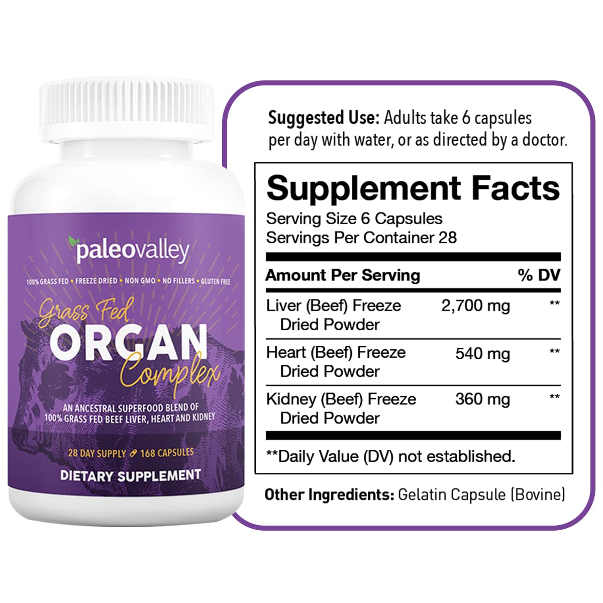 Paleovalley Grass Fed Beef Organ Complex - Freeze-Dried Beef Liver, Heart, and Kidney Blend, 1 Bottle - PrimeBioHealth - canada supplements