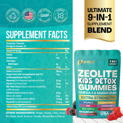 Parrox Zeolite Kids Gummies, 9-in-1 with Zeolite, Omega-3, Magnesium, Elderberry, Vitamin C, Milk Thistle, Vitamin D3, Zinc, B12 – Sugar-Free - PrimeBioHealth - canada supplements