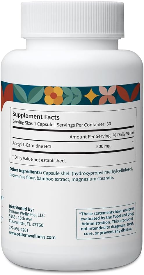 Pattern Wellness Acetyl-L-Carnitine 500 mg Capsules – ALCAR Supplement for Cellular Energy Production, Cognitive Health & Healthy Metabolism – Vegan, Non-GMO – 30 Capsules - PrimeBioHealth - canada supplements
