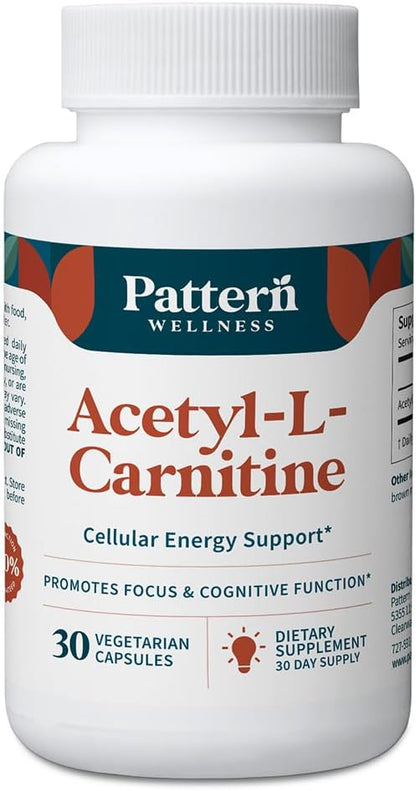 Pattern Wellness Acetyl-L-Carnitine 500 mg Capsules – ALCAR Supplement for Cellular Energy Production, Cognitive Health & Healthy Metabolism – Vegan, Non-GMO – 30 Capsules - PrimeBioHealth - canada supplements