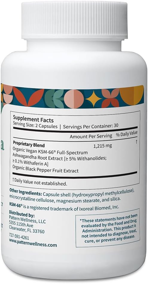 Pattern Wellness Ashwagandha Complex Supplement – 360 Vegan Capsules | For Men & Women – Organic KSM-66® & Black Pepper Extract – Supports Stress Response & Energy Balance – Non-GMO - PrimeBioHealth - canada supplements
