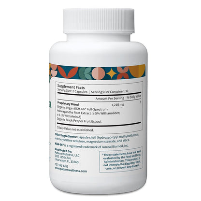 Pattern Wellness Ashwagandha Complex Supplement – 60 Vegan Capsules | For Men & Women – Organic KSM-66® & Black Pepper Extract – Supports Stress Response & Energy Balance – Non-GMO - PrimeBioHealth - canada supplements