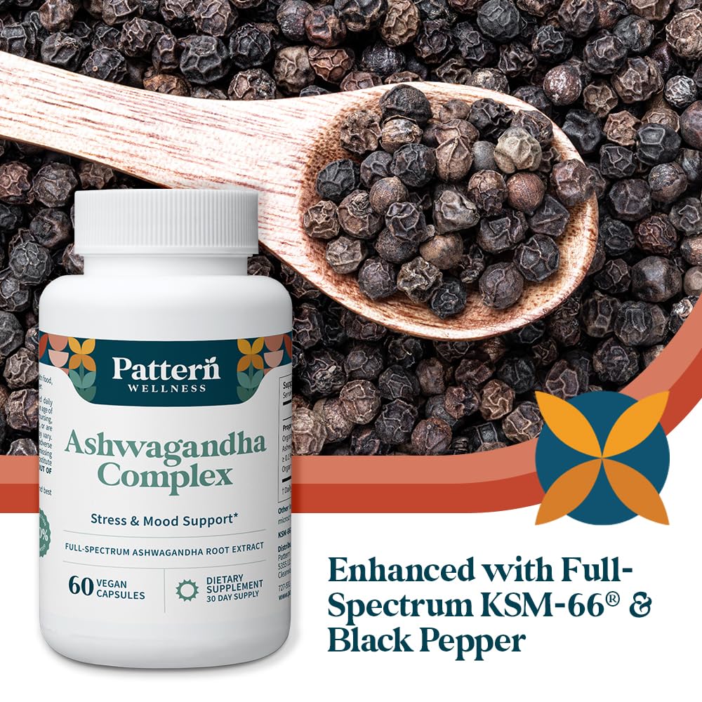 Pattern Wellness Ashwagandha Complex Supplement – 60 Vegan Capsules | For Men & Women – Organic KSM-66® & Black Pepper Extract – Supports Stress Response & Energy Balance – Non-GMO - PrimeBioHealth - canada supplements