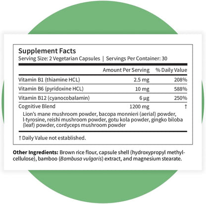 Pattern Wellness Cognitive Complex Supplement – Supports Brain Health & Mental Clarity – with Lion’s Mane, Bacopa & B Vitamins – 60 Vegetarian Capsules - PrimeBioHealth - canada supplements