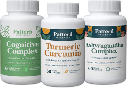 Pattern Wellness Cognitive Health Bundle - Cognitive Complex, Turmeric Curcumin, & Ashwagandha - Brain Function Support - 3 Pack, All-Natural, Plant-Based Formulas - PrimeBioHealth - canada supplements