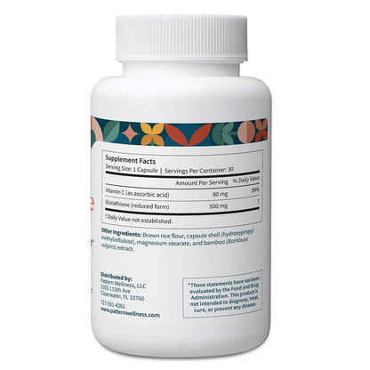 Pattern Wellness Glutathione Supplement - Active Reduced Glutathione Formula with Added Vitamin C - Cell, Antioxidant, + Immune Health Support - 30 Vegan Capsules - PrimeBioHealth - canada supplements