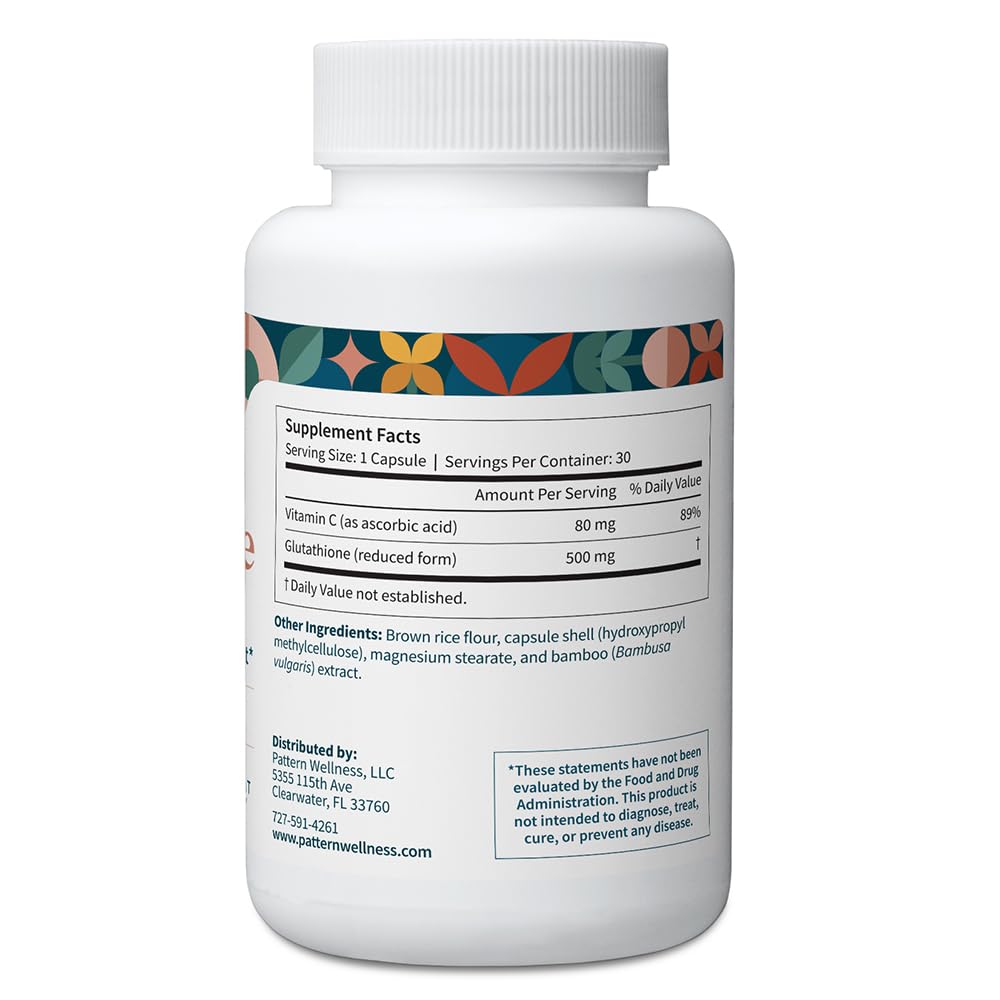 Pattern Wellness Glutathione Supplement - Active Reduced Glutathione Formula with Added Vitamin C - Cell, Antioxidant, + Immune Health Support - 30 Vegan Capsules - PrimeBioHealth - canada supplements