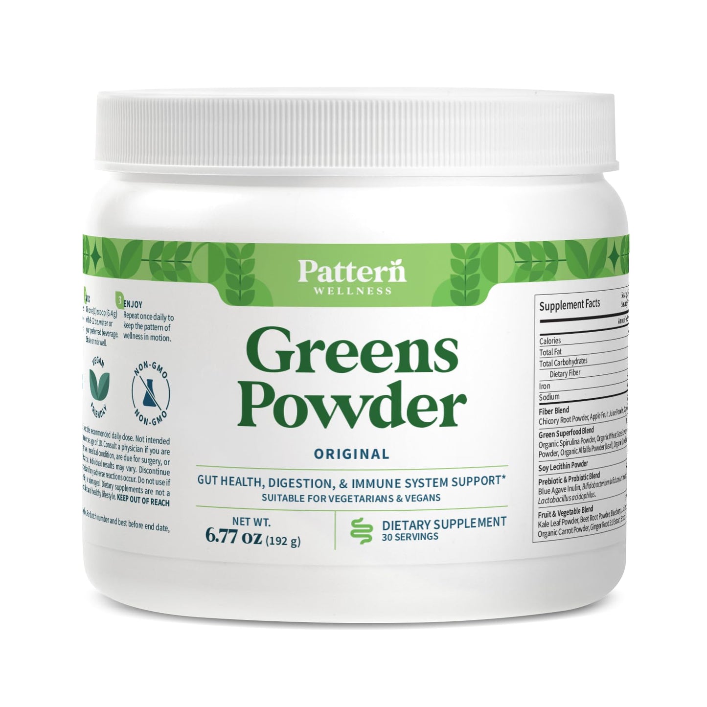 Pattern Wellness Greens Powder Superfood – with Antioxidant, Digestive Enzyme, Fiber, Probiotic & Adaptogen Blends – Digestion, Immunity & Energy Production – 30 Servings – Original Flavor – (6.77 oz) - PrimeBioHealth - canada supplements