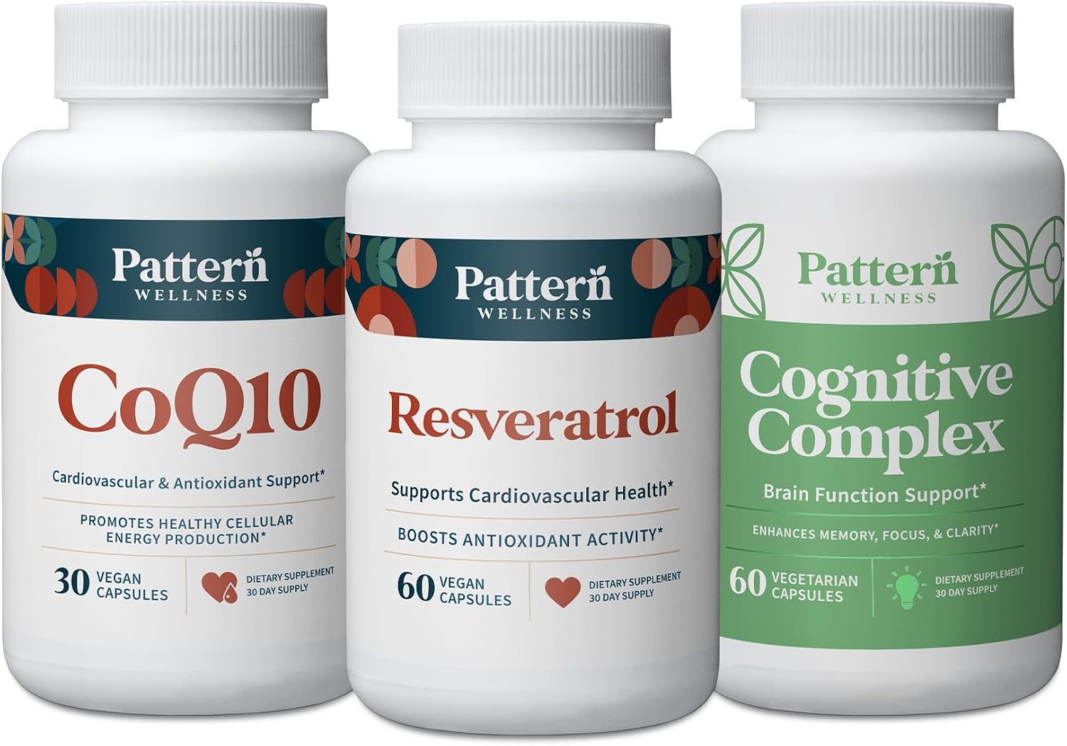 Pattern Wellness Healthy Aging Bundle - CoQ10, Resveratrol, Cognitive Complex - Promotes Timeless Health & Wellness - 3 Pack, All-Natural, Vegan-Friendly Formulas - PrimeBioHealth - canada supplements