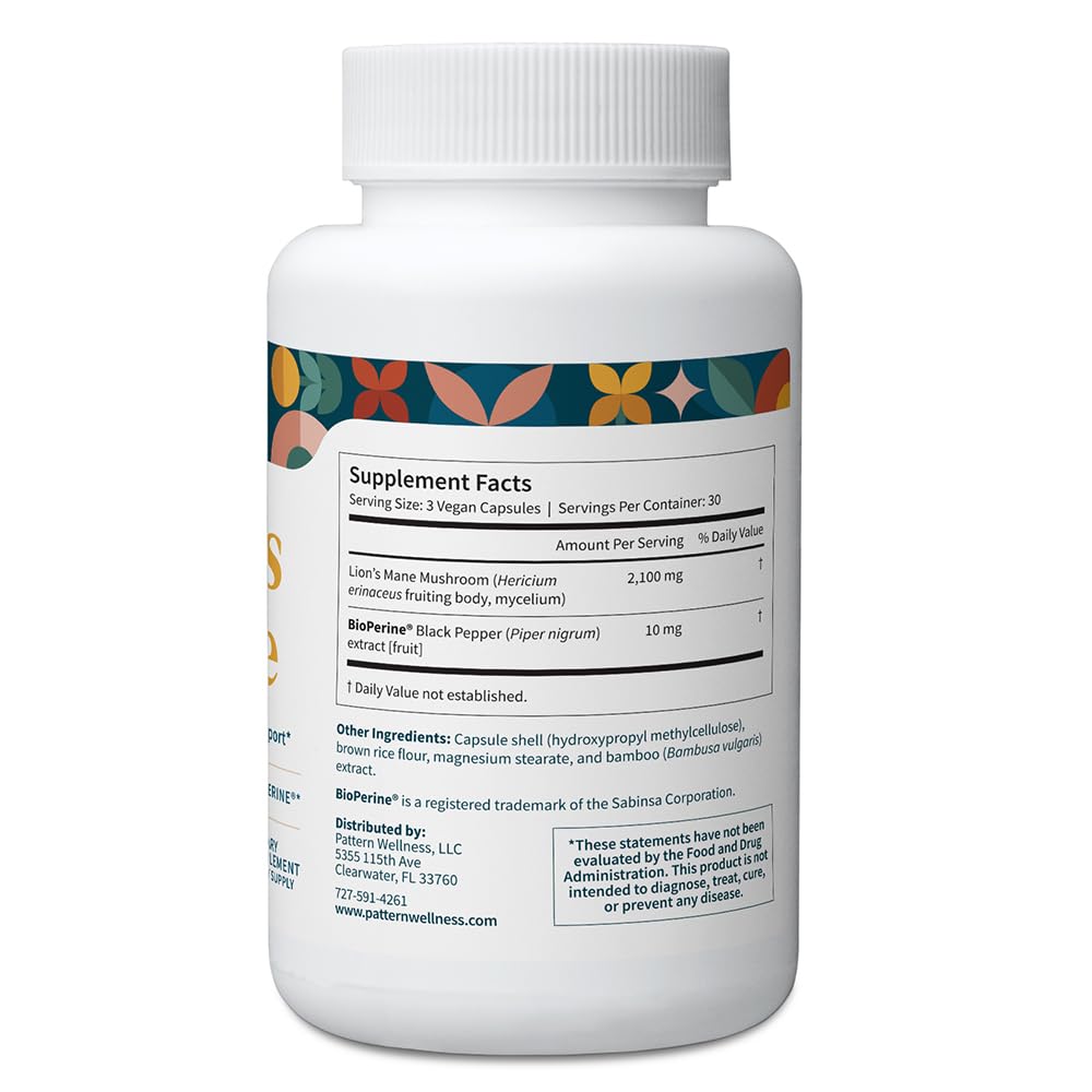 Pattern Wellness Lion’s Mane Mushroom Supplement – 90 Vegan Capsules | Supplement Capsules for Cognitive & Focus Support – Enhanced Absorption - PrimeBioHealth - canada supplements