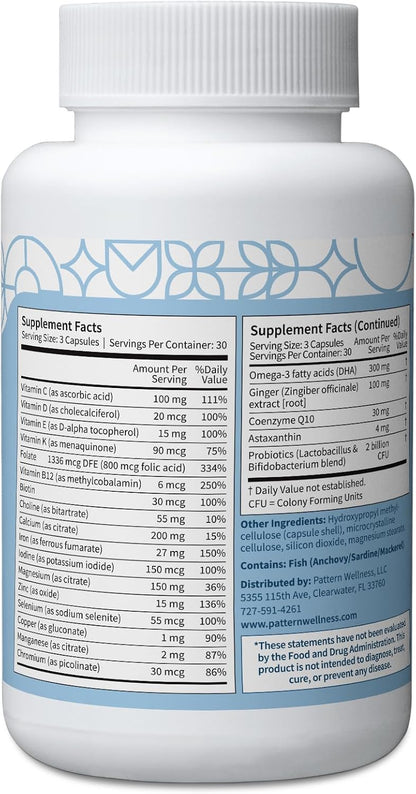 Pattern Wellness Prenatal Complex for Women – Prenatal Vitamin with DHA, Folate, Iron, Probiotics & Biotin – Support from Preconception to Postpartum - 90 Capsules - PrimeBioHealth - canada supplements