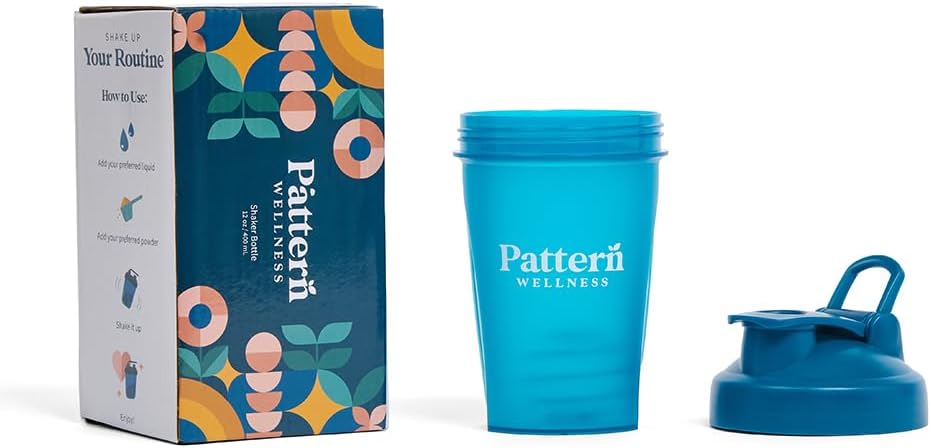 Pattern Wellness Shaker Bottle BPA-Free Plastic Bottle & Lid – 12oz, Food-Grade Steel Shaker Ball For Smooth Mixing Protein Shakes & More, Leak-Proof Seal, Durable, & Dishwasher Safe, Extra-Wide Spout - PrimeBioHealth - canada supplements