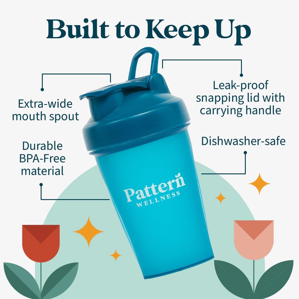 Pattern Wellness Shaker Bottle BPA-Free Plastic Bottle & Lid – 12oz, Food-Grade Steel Shaker Ball For Smooth Mixing Protein Shakes & More, Leak-Proof Seal, Durable, & Dishwasher Safe, Extra-Wide Spout - PrimeBioHealth - canada supplements