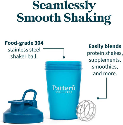Pattern Wellness Shaker Bottle BPA-Free Plastic Bottle & Lid – 12oz, Food-Grade Steel Shaker Ball For Smooth Mixing Protein Shakes & More, Leak-Proof Seal, Durable, & Dishwasher Safe, Extra-Wide Spout - PrimeBioHealth - canada supplements