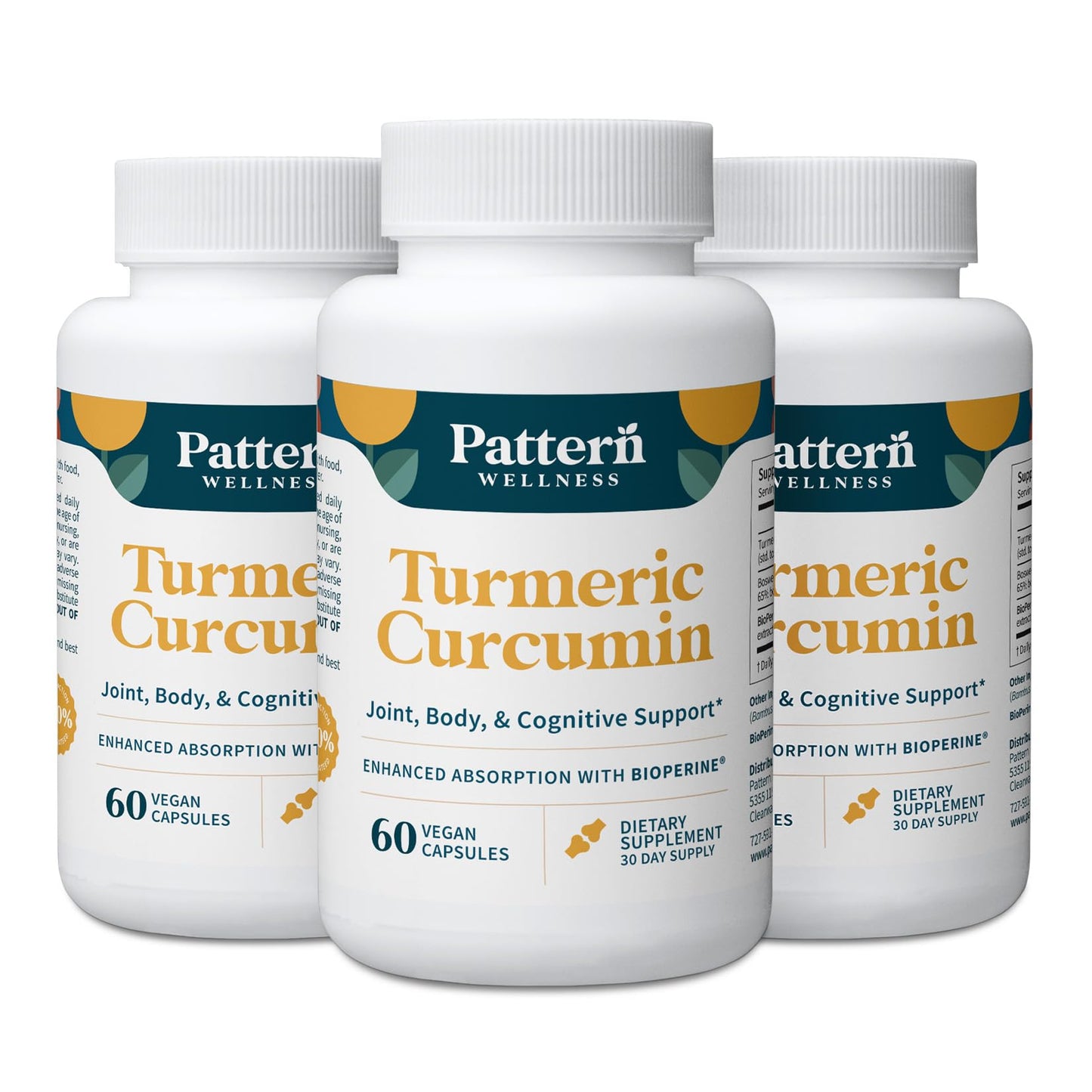 Pattern Wellness Turmeric Curcumin Supplement – 60 Capsules | 95% Curcuminoids with BioPerine® Black Pepper – Supports Joint, Cognitive & Immune Health – Non-GMO, Gluten Free - PrimeBioHealth - canada supplements