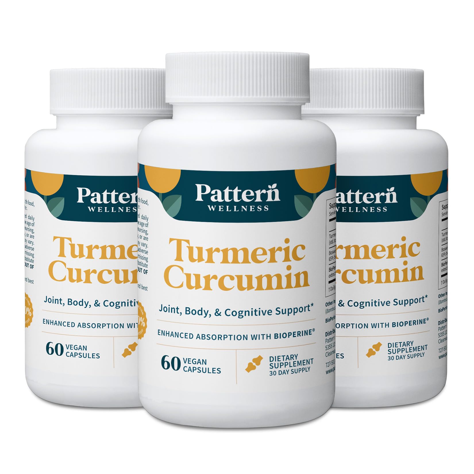 Pattern Wellness Turmeric Curcumin Supplement – 60 Capsules | 95% Curcuminoids with BioPerine® Black Pepper – Supports Joint, Cognitive & Immune Health – Non-GMO, Gluten Free - PrimeBioHealth - canada supplements