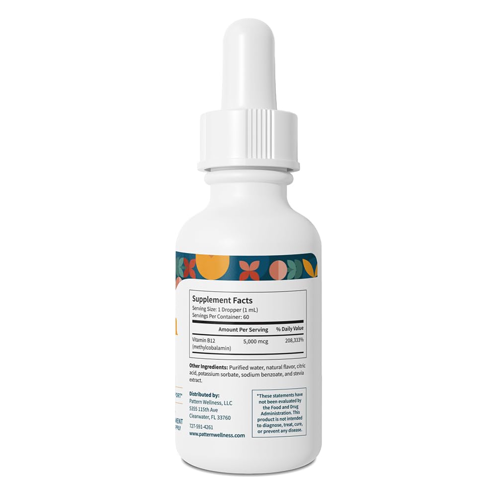 Pattern Wellness Vitamin B12 5000 mcg – Sublingual Liquid Drops – Methylcobalamin, Supports Energy & Immune Health – Vegan Citrus Flavor – 2 fl. oz (60mL), 3rd Party Lab Tested - PrimeBioHealth - canada supplements