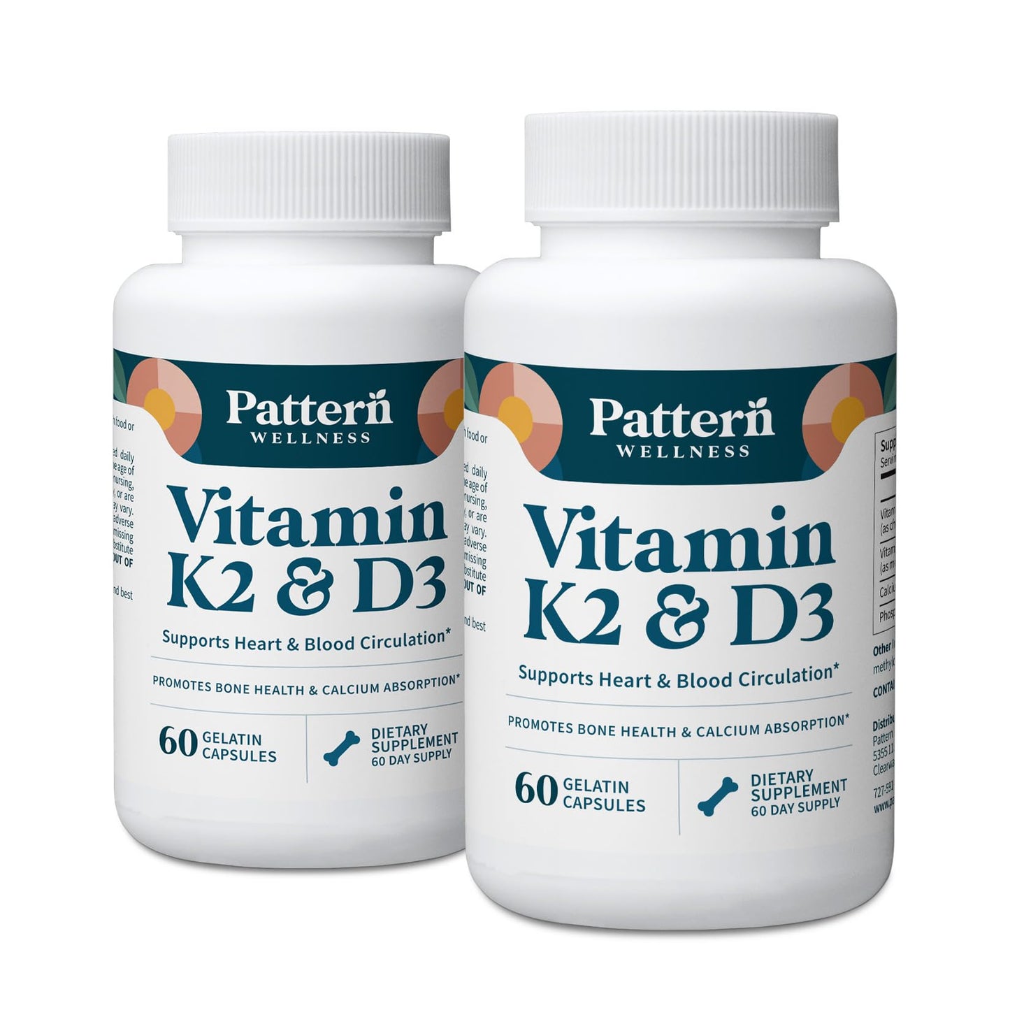 Pattern Wellness Vitamin K2 & D3 Supplement with Calcium – Bone Health, Circulatory Wellness & Immune Support - Non-GMO - 60 Capsules - PrimeBioHealth - canada supplements