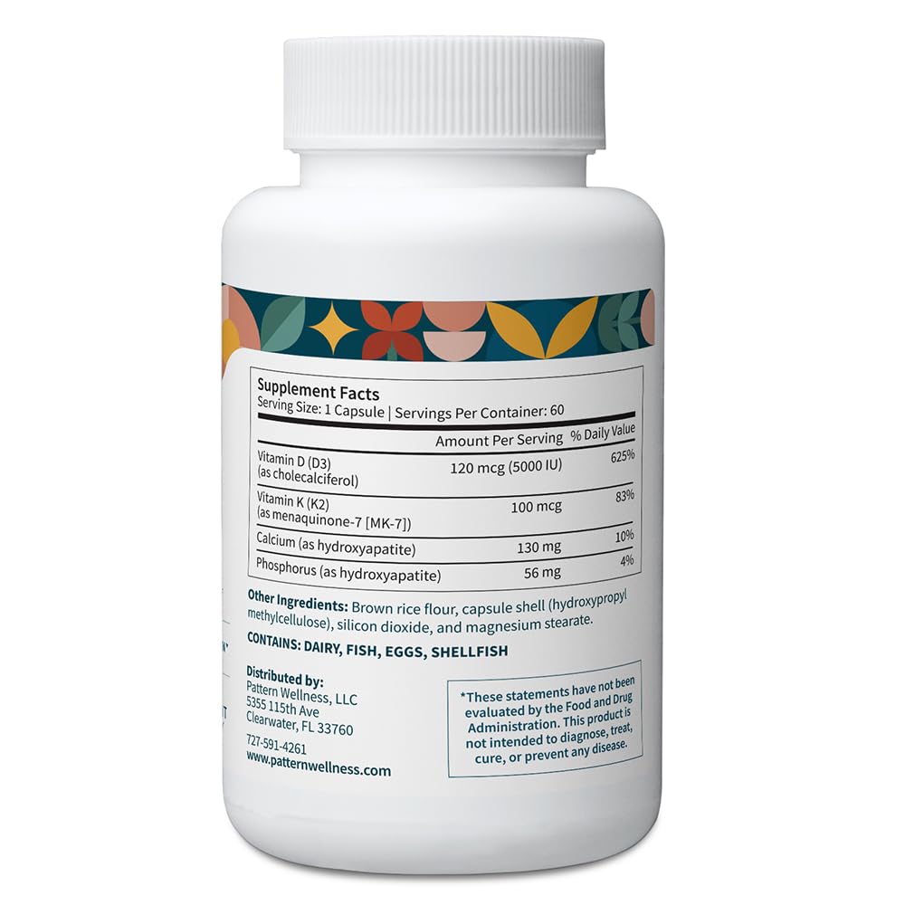 Pattern Wellness Vitamin K2 & D3 Supplement with Calcium – Bone Health, Circulatory Wellness & Immune Support - Non-GMO - 60 Capsules - PrimeBioHealth - canada supplements