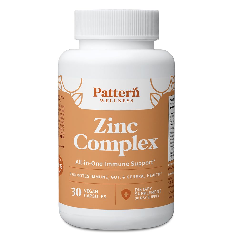 Pattern Wellness Zinc Complex – Supports Immune, Skin & Digestive Health – High Absorption Zinc with Vitamin C, Probiotics & Natural Blends – 30 Vegan Capsules - PrimeBioHealth - canada supplements