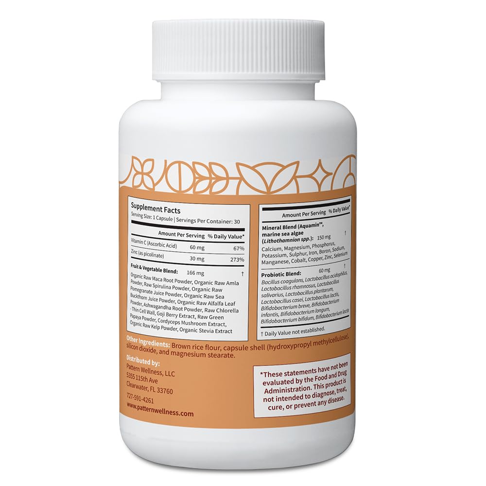 Pattern Wellness Zinc Complex – Supports Immune, Skin & Digestive Health – High Absorption Zinc with Vitamin C, Probiotics & Natural Blends – 30 Vegan Capsules - PrimeBioHealth - canada supplements