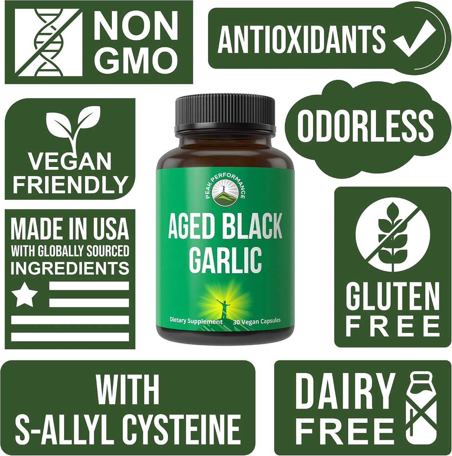 Peak Performance Aged Black Garlic Capsules. Raw Vegan Pure Odorless Extract Supplement Pills for Cholesterol, and Immune Support. from Garlic Bulb with S-Allyl Cysteine and Antioxidants - PrimeBioHealth - canada supplements