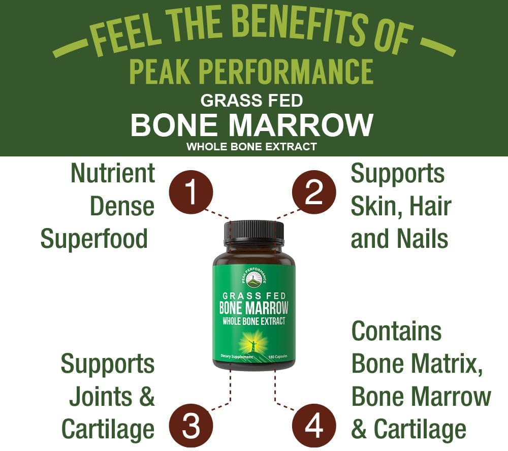 Peak Performance Grass Fed Bone Marrow - Whole Extract Supplement 180 Capsules - Superfood Pills Rich in Collagen, Vitamins, and Amino Acids - from Matrix Cartilage - Ancestral Tablets - PrimeBioHealth - canada supplements