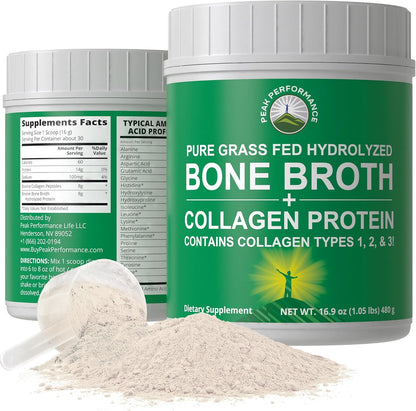 Peak Performance Hydrolyzed Bone Broth + Collagen Unflavored Protein Peptides Powder - Contains All Collagen Types: 1, 2, and 3 - Pure Pasture Raised Grass Fed, Paleo Friendly, Gluten + Dairy Free - PrimeBioHealth - canada supplements