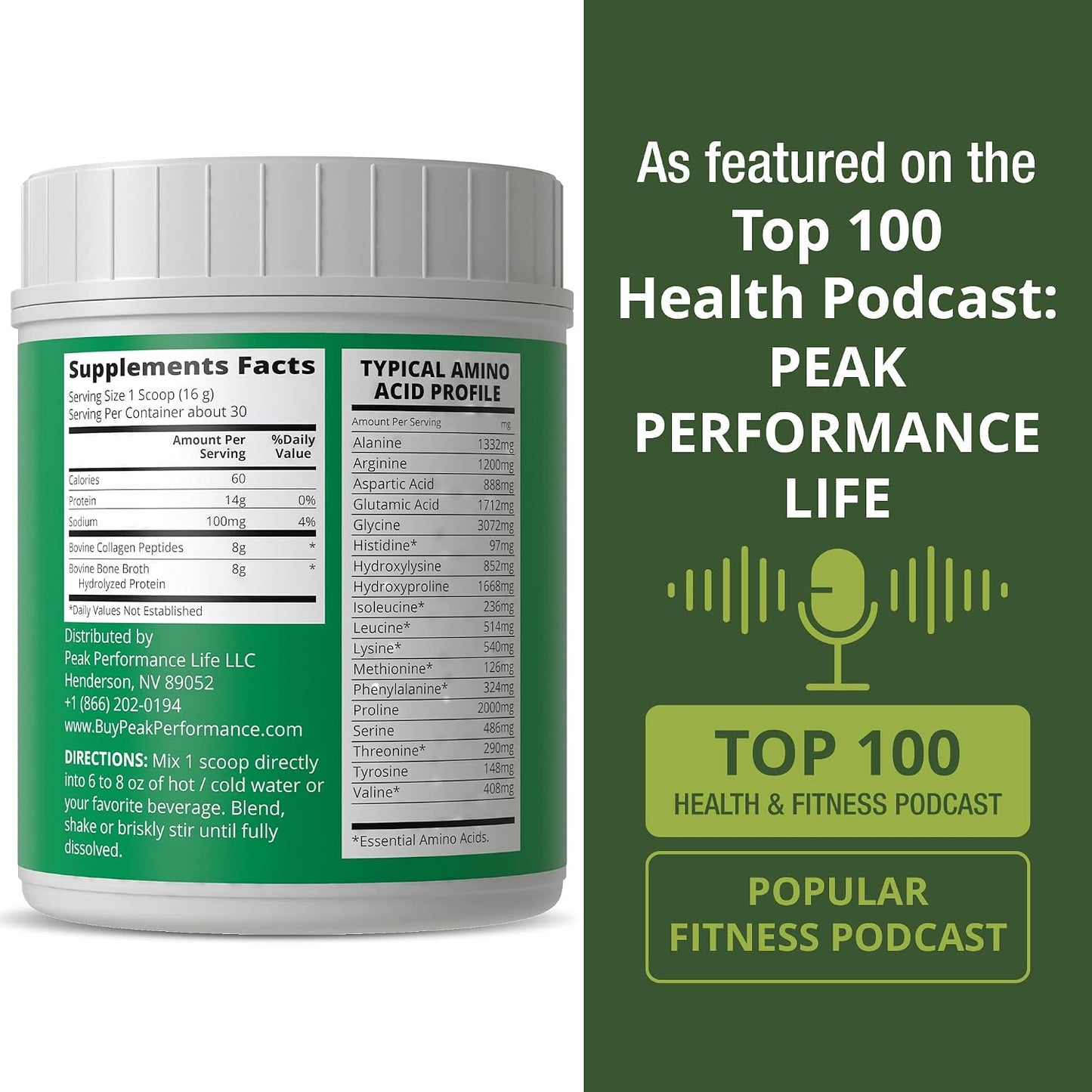 Peak Performance Hydrolyzed Bone Broth + Collagen Unflavored Protein Peptides Powder - Contains All Collagen Types: 1, 2, and 3 - Pure Pasture Raised Grass Fed, Paleo Friendly, Gluten + Dairy Free - PrimeBioHealth - canada supplements