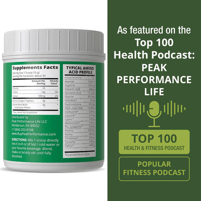 Peak Performance Hydrolyzed Bone Broth + Collagen Unflavored Protein Peptides Powder - Contains All Collagen Types: 1, 2, and 3 - Pure Pasture Raised Grass Fed, Paleo Friendly, Gluten + Dairy Free - PrimeBioHealth - canada supplements