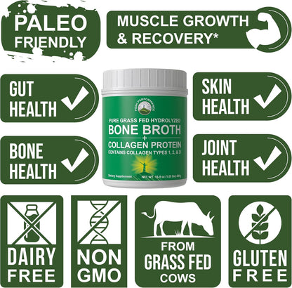Peak Performance Hydrolyzed Bone Broth + Collagen Unflavored Protein Peptides Powder - Contains All Collagen Types: 1, 2, and 3 - Pure Pasture Raised Grass Fed, Paleo Friendly, Gluten + Dairy Free - PrimeBioHealth - canada supplements