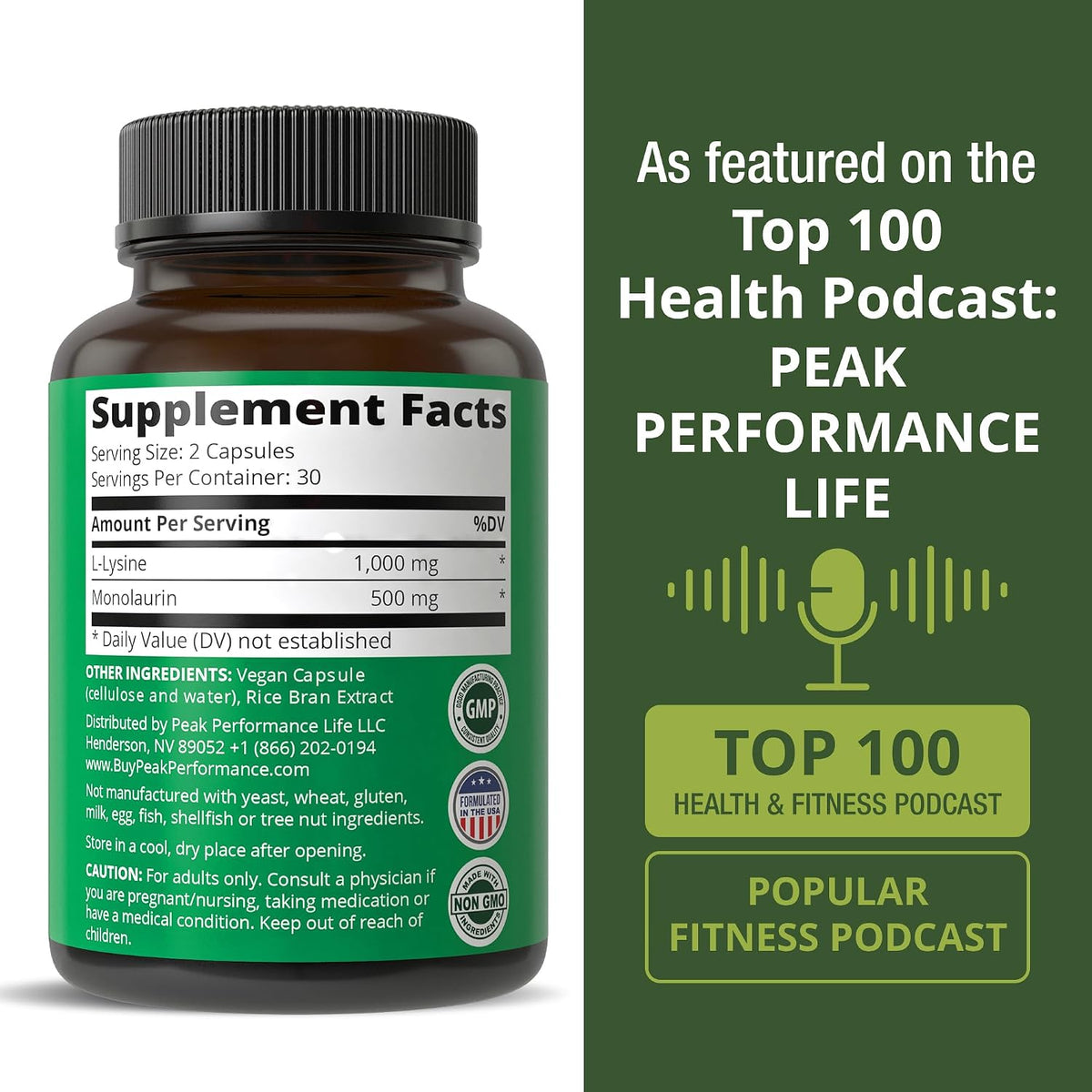 Peak Performance L Lysine 1000mg + Monolaurin 500mg High Potency Supplement for Lips, Skin, & Immune Support - L-Lysine 2-in-1 Bioavailable Supplements for Men and Women - 60 Capsules - PrimeBioHealth - canada supplements