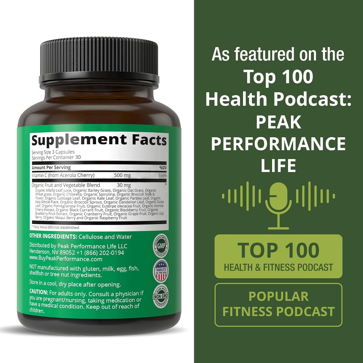 Peak Performance Raw Whole Food Natural Vitamin C Capsules from Acerola Cherry for Max Absorption. Vegan USA Sourced Vitamin C Supplement 90 Pills. 500 mg Serving or 2 Servings 1000mg - PrimeBioHealth - canada supplements