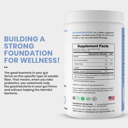 PERFECT PASS Prebiotic PHGG Partially Hydrolyzed Guar Gum 210g Powder - 100% Natural Gluten Free Non GMO - Certified Kosher Vegetarian Sugar Free - PrimeBioHealth - canada supplements