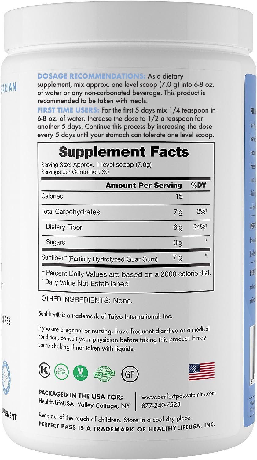 PERFECT PASS Prebiotic PHGG Partially Hydrolyzed Guar Gum 210g Powder - 100% Natural Gluten Free Non GMO - Certified Kosher Vegetarian Sugar Free - PrimeBioHealth - canada supplements