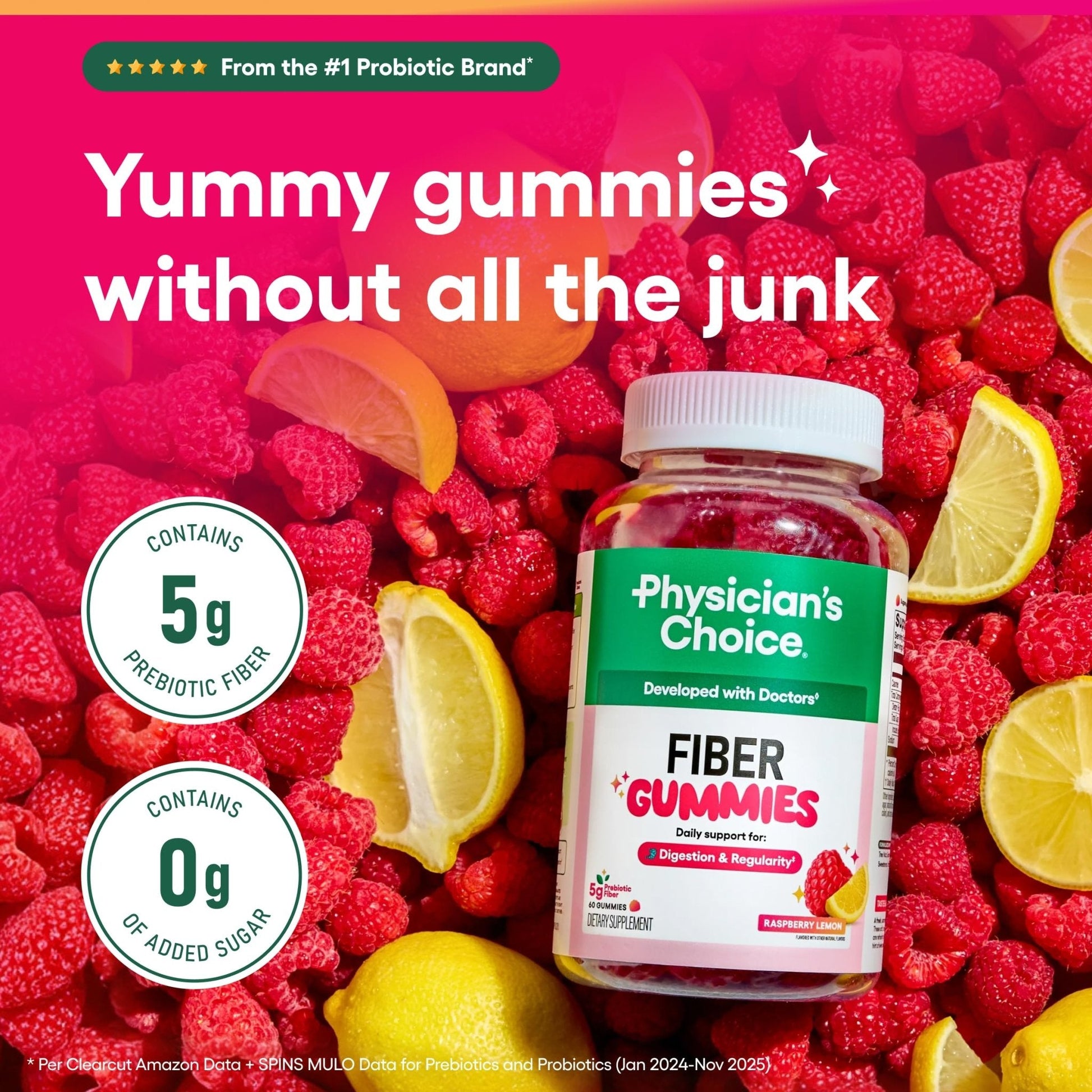 Physician’s Choice Fiber Gummies for Digestive Health & Regularity - Raspberry Lemon Flavor - No Sugar Added & Vegan - Natural Chicory Root Prebiotic Fiber - PrimeBioHealth - canada supplements
