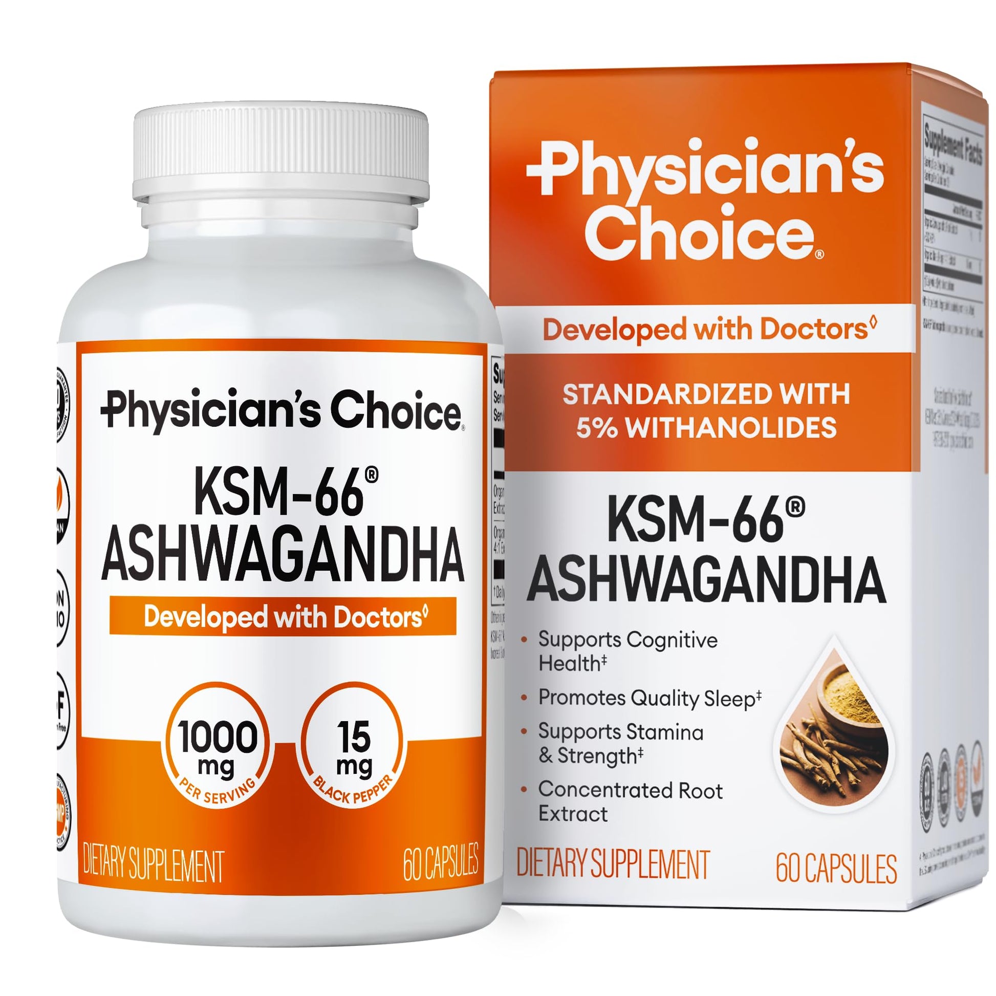 Physician's CHOICE KSM-66 Ashwagandha Root Powder Extract 1,000mg - Organic - with Black Pepper for Maximum Absorption - 5% Withanolides - PrimeBioHealth - canada supplements
