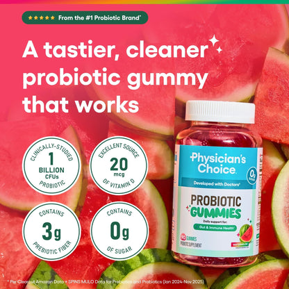 Physician's CHOICE Probiotic Gummies with Vitamin D & Prebiotic Fiber - Sugar Free - 1B CFUs of Clinically Studied Probiotic - Supports Immune & Gut Health - PrimeBioHealth - canada supplements
