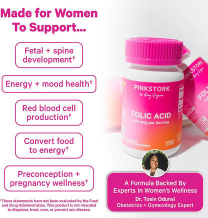 Pink Stork Folic Acid Supplement for Women – 400mcg, 30 Capsules | Daily Vitamin B9, Prenatal & Fertility Support, Supports Red Blood Cell Formation & Energy, Vegetarian - PrimeBioHealth - canada supplements
