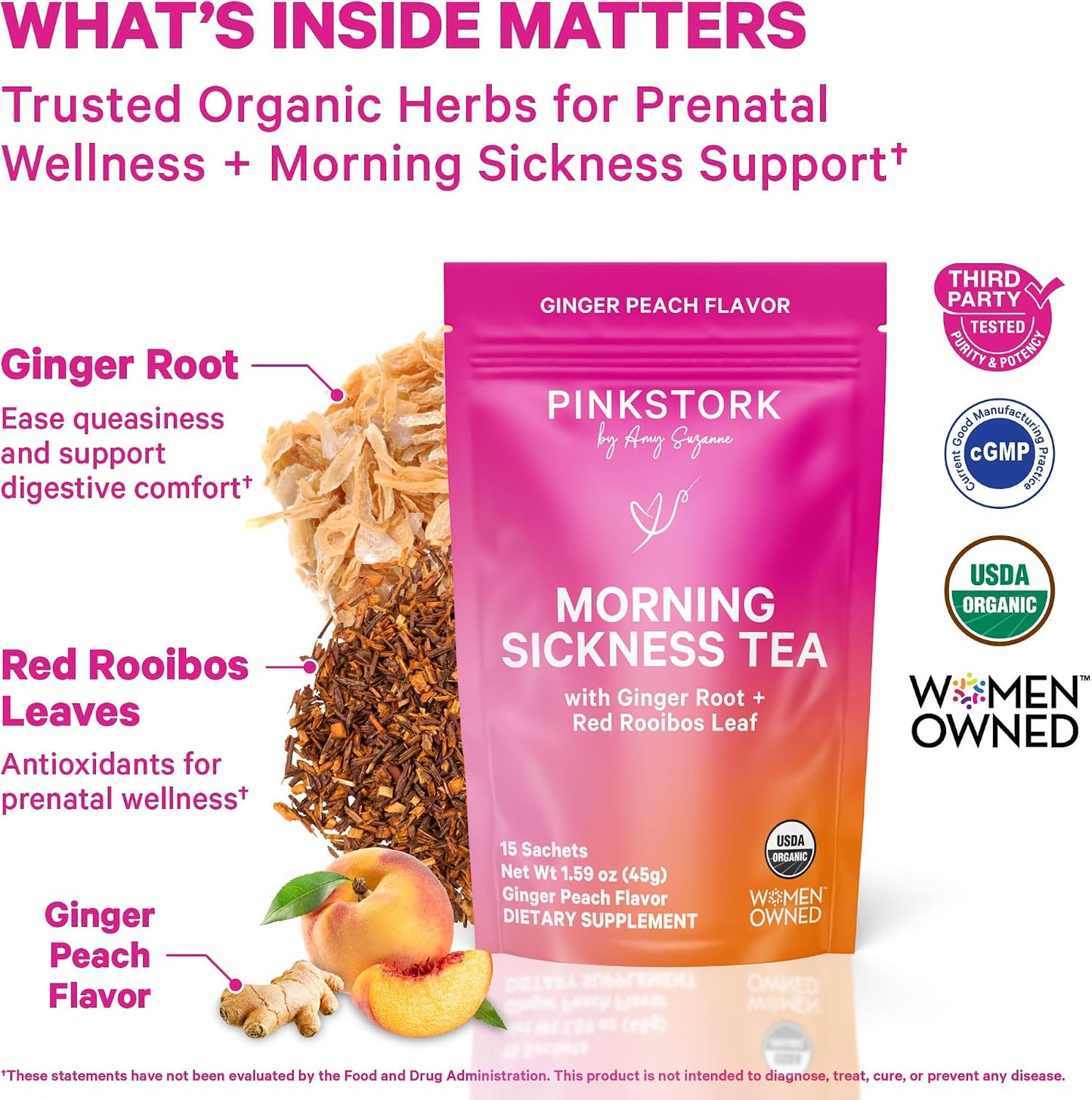 Pink Stork Morning Sickness Support Kit – 3-Piece Bundle with Organic Ginger Peach Tea, B6 Sweets, Ginger Lozenges – Pregnancy Support, First Trimester Essentials, Gift for Pregnant Women - PrimeBioHealth - canada supplements