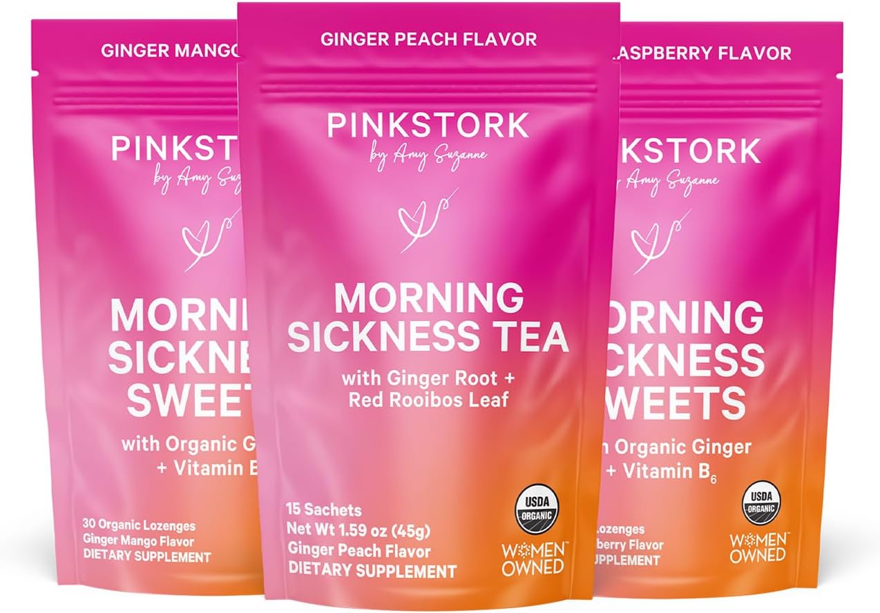 Pink Stork Morning Sickness Support Kit – 3-Piece Bundle with Organic Ginger Peach Tea, B6 Sweets, Ginger Lozenges – Pregnancy Support, First Trimester Essentials, Gift for Pregnant Women - PrimeBioHealth - canada supplements