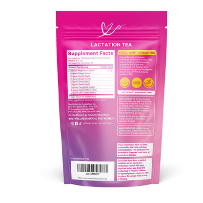 Pink Stork Organic Lactation Tea – Fenugreek, Fennel, Milk Thistle + More – Support for Breastfeeding, Pumping, Hydration, Milk Flow – Smooth Vanilla – 15 Sachets, Caffeine-Free - PrimeBioHealth - canada supplements